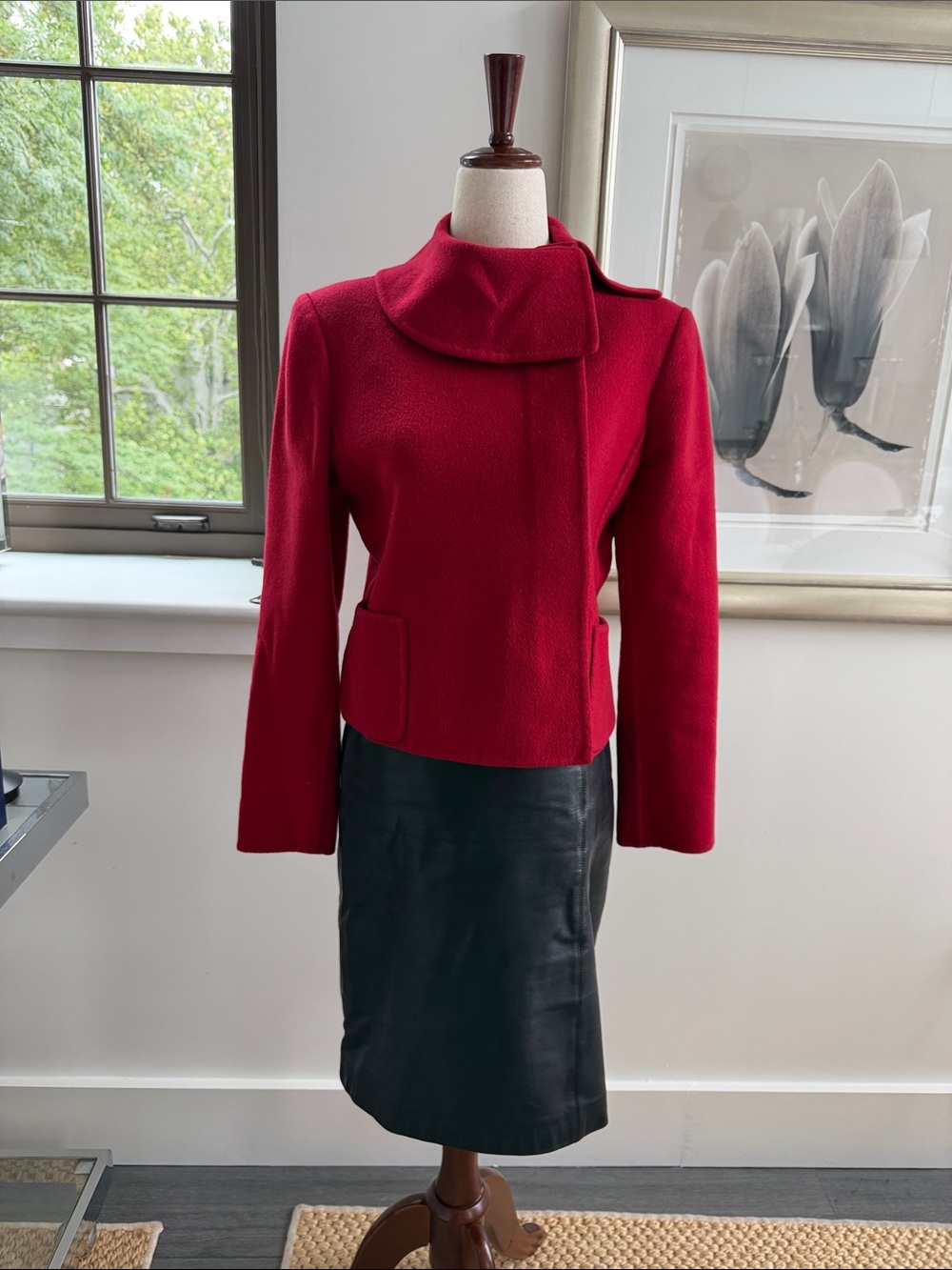Oscar de la Renta Cranberry Red Cashmere Jacket & Black Leather Skirt Suit 4